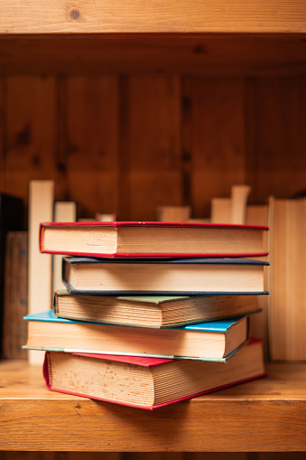 vertical portrait several textbooks stacked in the book store world book day