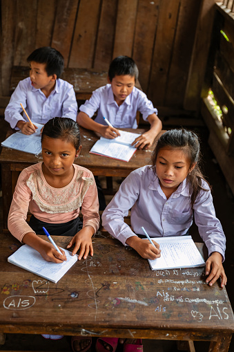 Laotian children, wearing school uniforms, during classes in a primary school in Lantan village in Northern Laos