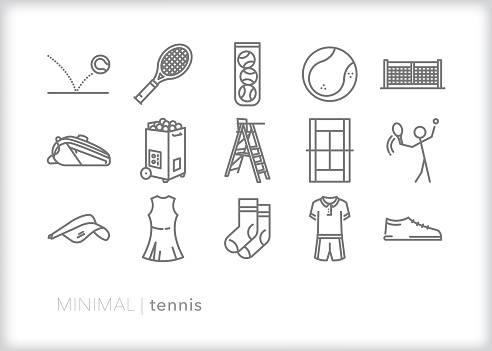 Set of tennis line icons for the athlete or amateur enthusiast playing at a public park court or country club.