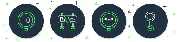 Vector illustration of Set line Road traffic sign, Fork in the road, Speed limit and icon. Vector