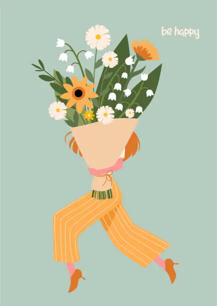 Vector illustration of Beautiful illustration of a girl with a bouquet of flowers. Design template for card, poster, flyer, banner and other use.