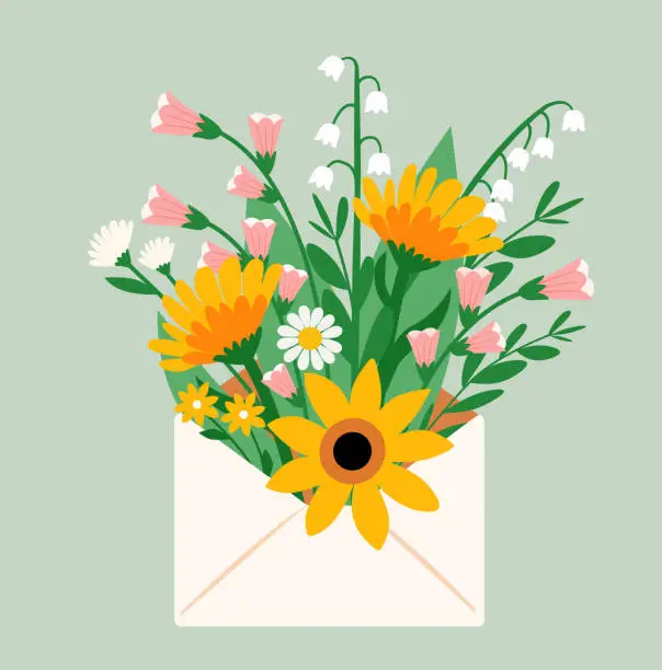 Vector illustration of Vector illustration of cute bouquet of flowers in envelope. Design template for card, poster, flyer, banner and other use.