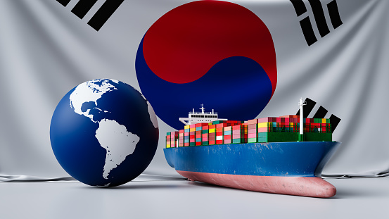 Import and Export Cargo Ships and South Korea's Economic Background. 3d rendering