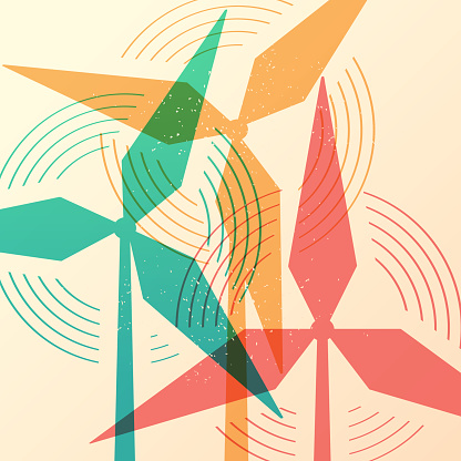 Wind energy in risograph style. Three repeated images in color overlay. Retro style. Printmaking technique. Vector illustration.