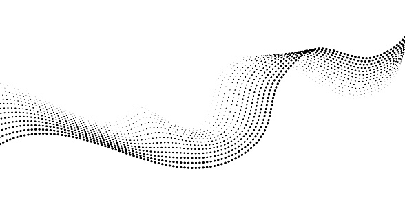 Flowing dot particles wave pattern halftone black gradient smooth curve shape isolated on transparent background. Vector in concept of technology, science, music, modern