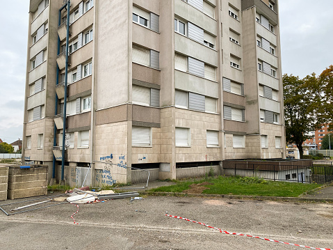 Strasbourg, France - Oct 17, 2020: Tall abandoned apartment building Habitation a Loyer Modere, generally called HLM, is a form of low-income housing in France, and other French speaking countries