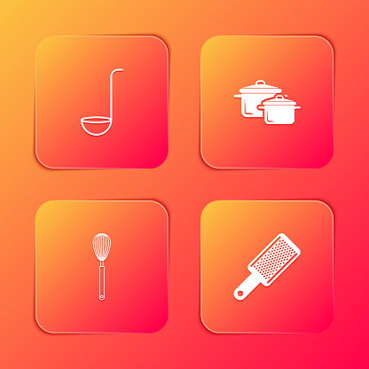 Set Kitchen ladle, Cooking pot, whisk and Grater icon. Vector.