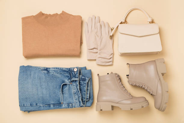 istock Flat lay with trendy spring outfit on color background, top view 2003718479