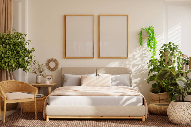 Farmhouse style bedroom,Mockup poster frame