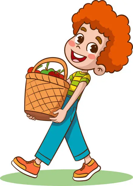 Vector illustration of Vector illustration of boy carrying a big basket full of fresh apples