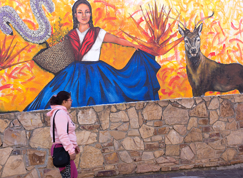 Xochimilco, Oaxaca, Mexico: A woman walks past a vibrant mural in Xochimilco,  a neighborhood known for its murals.