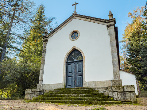 Bornes de Aguiar, Portugal - november 21 2023: Chapel on Parque Termal de Pedras Salgadas is known by its springs of Natural Mineral Water from which comes the Agua das Pedras.