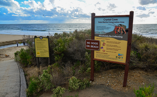 California, USA - November  29, 2019: information plate Cristal Cove State Marine Conservation Area, California