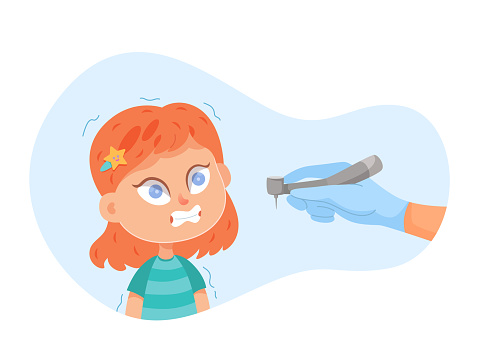 Kids fears vector illustration. Scared crying girl in dental clinics. Children afraid dentist. Childish phobia. Dentophobia. Frightened cartoon young female character. Kid psychologic support.