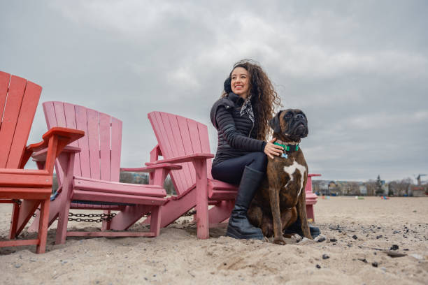 Young lesbian woman with her boxer dog on the beach in winter. She is dressed in casual winter clothing. Exterior of sandy beach in winter on cloudy day.