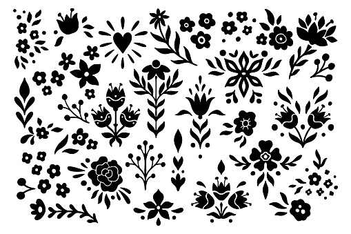 Monochrome Floral Symmetrical Silhouette Set. Abstract Botany Collection with Branches, Petal, Flower. Vector Illustration Isolated on white background. Linocut Folk Art Prints for Logo, Roses, Tulip.