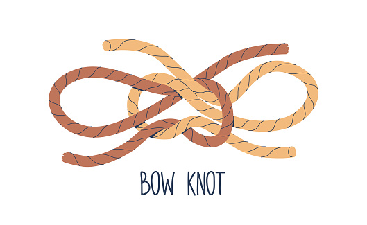 Rope Bow Knot Features Simple, Symmetrical Shape. Its Tied By Forming Two Loops And Knotting Them Together, Ensuring Easy Untying And Reliability. Used in Marine Sailing. Cartoon Vector Illustration