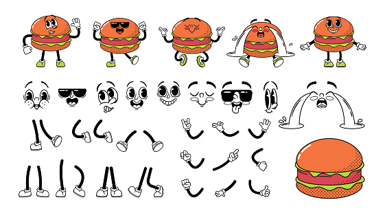 Cartoon Retro Burger Fast Food Character Construction Kit. Set of Street Meal Hamburger Personage Facial Expression, Legs, Hands. Classic Fastfood Happy, Crying, Smile Emojis. Vector Illustration