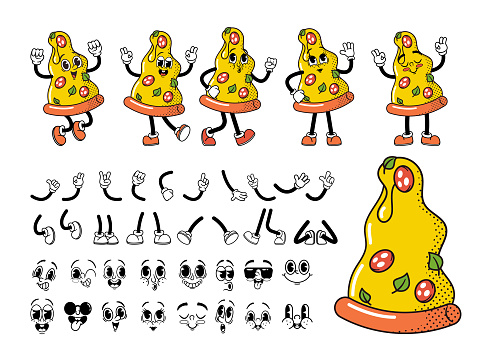 Cartoon Retro Fast Food Pizza Groovy Character Construction Kit. Italian Peperoni Slice Poses, Facial Expressions, Hands, Legs Set. Funky Style Fastfood Personage Constructor. Vector Illustration