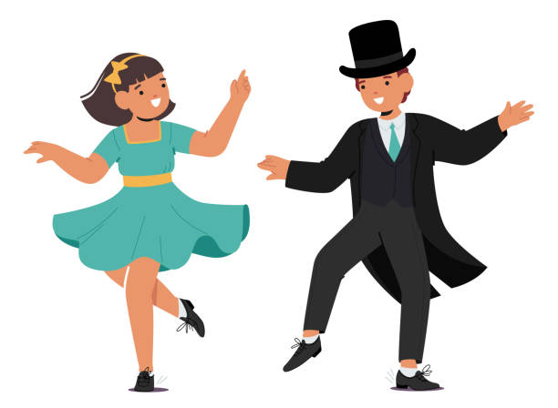 Spirited Little Boy And Girl Characters In Vintage Attire, Joyfully Dance To Retro Jazz Beats, Showcasing Adorable Moves Spirited Little Boy And Girl Characters In Vintage Attire, Joyfully Dance To Retro Jazz Beats, Showcasing Adorable Moves That Echo The Timeless Charm Of Swing-era Rhythms. Cartoon Vector Illustration rockabilly boys stock illustrations