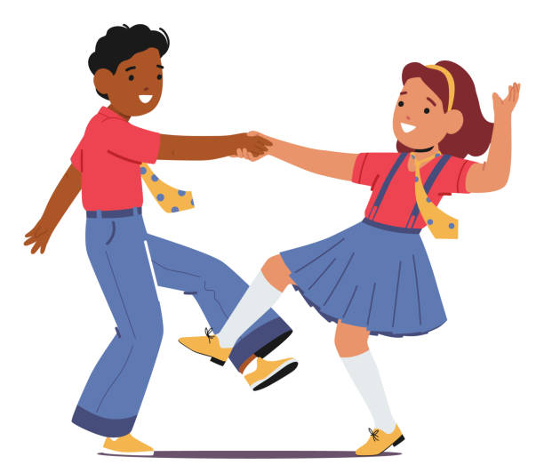 Kids Dance Rock And Roll, Vibrant And Energetic Dance Style. Children Groove To The Upbeat Rhythms, Vector Illustration Kids Dance Rock And Roll, Vibrant And Energetic Dance Style. Children Groove To The Upbeat Rhythms Of Classic Rock-n-Roll Music, Expressing Joy Through Lively Movements. Cartoon Vector Illustration rockabilly boys stock illustrations