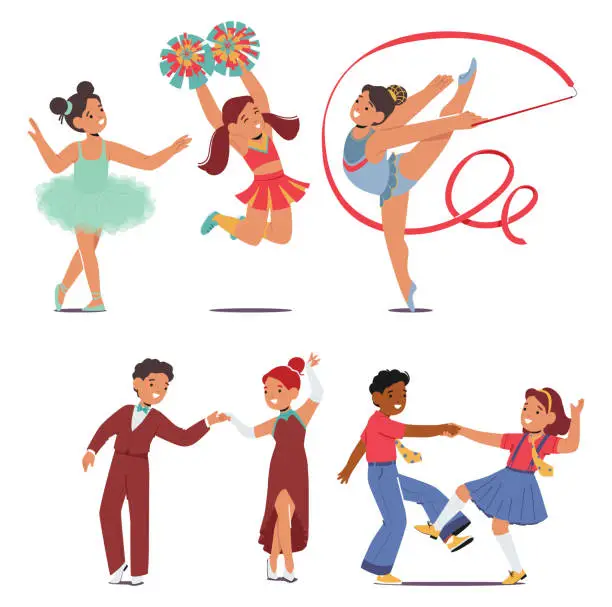 Vector illustration of Vector Set of Happy Kids Dance Ballet, Cheerleading, Gymnastics, Foxtrot and Rock-n-Roll, Exude Joy And Creativity