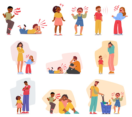 Distressed Children Unleash Hysterical Screams In A Tantrum, While Saddened Parent Characters Grapple With The Emotional Toll Of Their Little Ones Intense Outburst. Cartoon People Vector Illustration