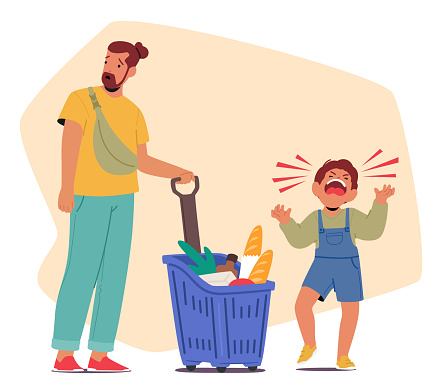 In The Crowded Store, A Child Piercing Screams Echoed, A Tantrum Unfolded. The Father, Wearied And Saddened, Struggled To Console Amid Sympathetic Stares. Character Cartoon People Vector Illustration