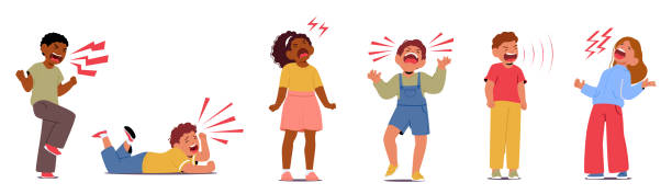 Toddlers Unleashes Piercing Screams, Thrashing Limbs, And Tears In The Midst Of A Tantrum, Expressing Frustration Toddlers Unleashes Piercing Screams, Thrashing Limbs, And Tears In The Midst Of A Tantrum, Expressing Frustration And Emotional Turmoil In A Chaotic Display Of Distress. Cartoon Vector Illustration anger stock illustrations