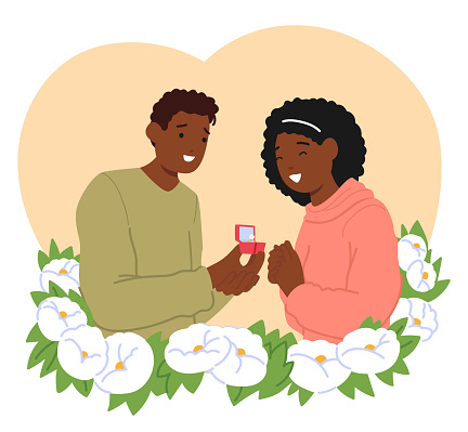 Black Man Tenderly Offers A Radiant Engagement Ring With Trembling Hands to Happy Woman Inside of Blooming Floral Frame. Loving Couple Getting Engaged in Summer Garden. Cartoon Vector Illustration