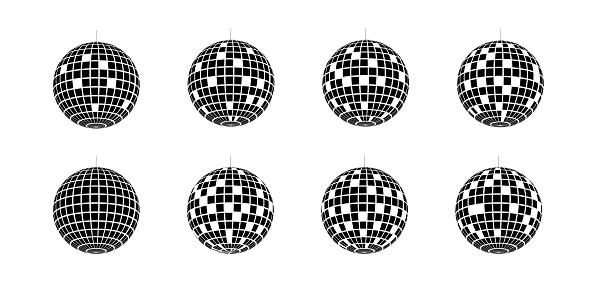 Set of party discoballs. Vintage nightclub bright spheres. Nigh club glitterballs with pixel texture. Vintage mirrorballs in 70s 80s 90s discotheque style. Vector flat illustration