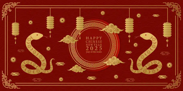 Vector illustration of Chinese New Year 2025. Red background with golden snake. Vector