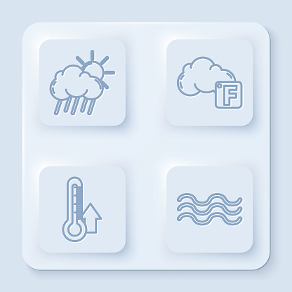 Set line Cloud with rain and sun, Fahrenheit and cloud, Thermometer and Waves. White square button. Vector