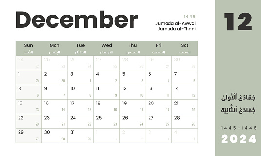 Monthly Calendar Template Hijri Islamic on Jumada al-Awwal - Jumada al-Thani 1446 and Gregorian on December 2024. Vector layout simple calendar Arabic and English with week start Sunday for print