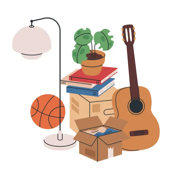 Vector illustration of Home moving boxes. Cardboard box with personal stuff, stacked boxes with books, clothes and pot plant flat vector illustration. Moving boxes on white