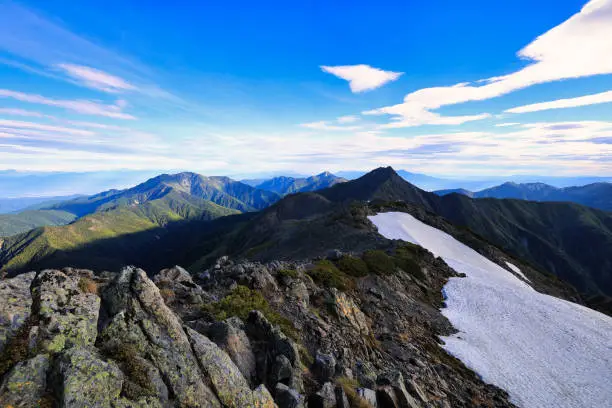 The ridgeline leading from Mt. Ainodake to Mt. Kitadake in the Southern Alps in Japan