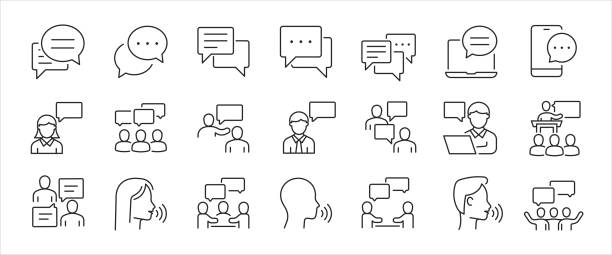 Speaking thin line icons. Editable stroke. For website marketing design, logo, app, template, ui, etc. Vector illustration. Speaking thin line icons. Editable stroke. For website marketing design, logo, app, template, ui, etc. Vector illustration. presentation speech stock illustrations