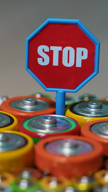 Old used batteries type AA, AAA, D and stop sign rotate in a circle. Vertical video