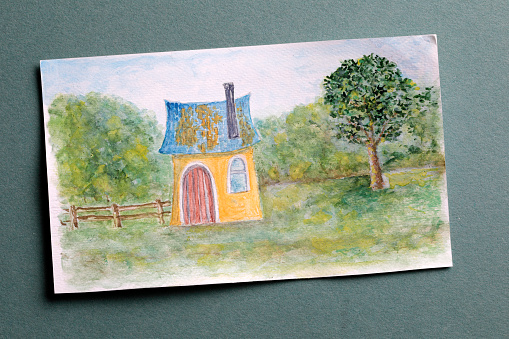 Photography of  watercolor painted cottage and tree