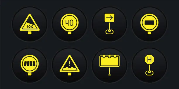 Vector illustration of Set Pedestrian crosswalk, Stop sign, Uneven road ahead, Billboard with lights, Traffic turn right, Speed limit traffic, Hospital and Steep ascent and descent icon. Vector