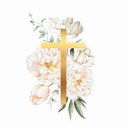 Golden cross with white gentle flowers and greenery. Watercolor isolated illustration. Clipart for Easter design, Epiphany, Christening, first communion, baptism, postcards, packaging, invitations.