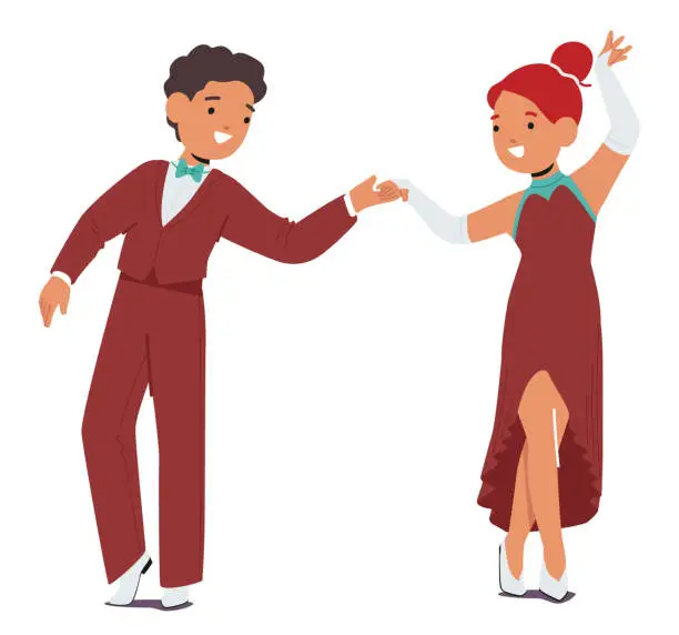 Vector illustration of Charming Duet, Little Boy And Girl Characters in Retro Costumes, Gracefully Glide Across Dance Floor, Mastering Foxtrot