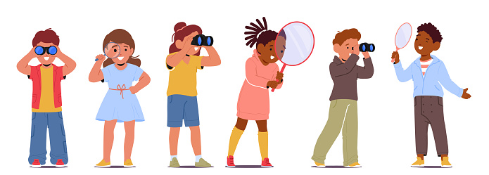 Children Eagerly Explore The World With Binoculars Or A Magnifying Glass, Discovering Hidden Wonders In Nature. Curiosity Sparks As They Observe And Marvel At Details Around Them. Vector Illustration