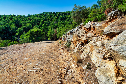 Hymettus mountain gravel road at Athens, Attica, Greece.