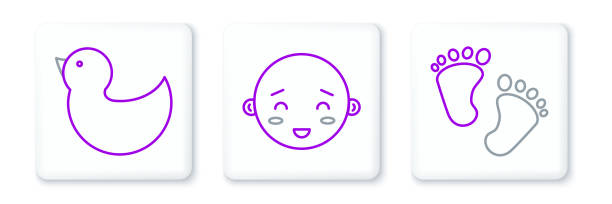 istock Set line Baby footprints, Rubber duck and Happy little boy head icon. Vector 2003929690