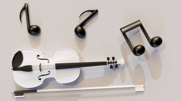 note musicali sparse e violino bianco - violin equipment classical instrument light and shadow foto e immagini stock