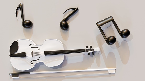 3d rendering of musical notes and white violin on the white background