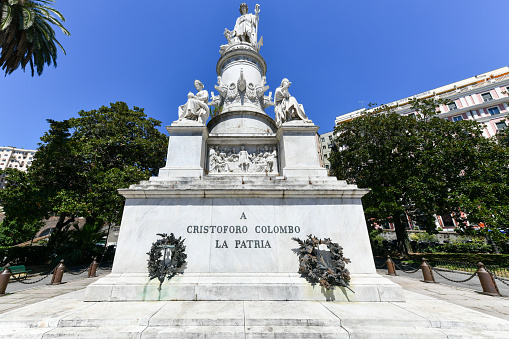 Genoa, Italy - Aug 1, 2022: Christopher Columbus monument in Piazza Acquaverde in Genoa, Liguria, Italy.