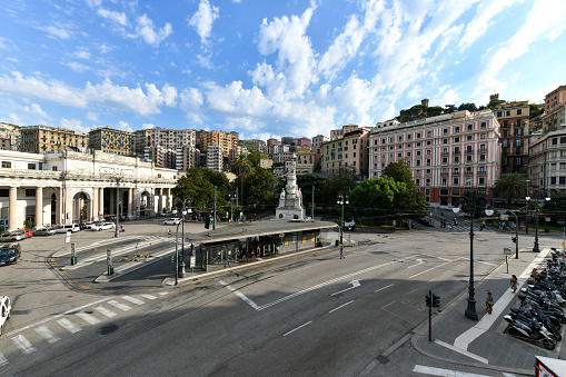 Genoa, Italy - Aug 1, 2022: The entrance of Genoa Piazza Principe railway station (1860), commonly called \