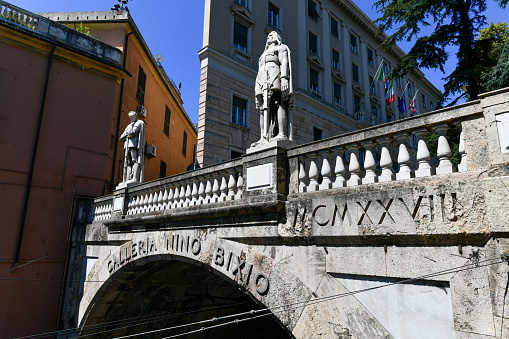 Milan, Italy - Aug 1, 2022: Statue above the Nino Bixio Tunnel (Galleria Nino Bixio), Genoa, Liguria Region, Italy, Europe.